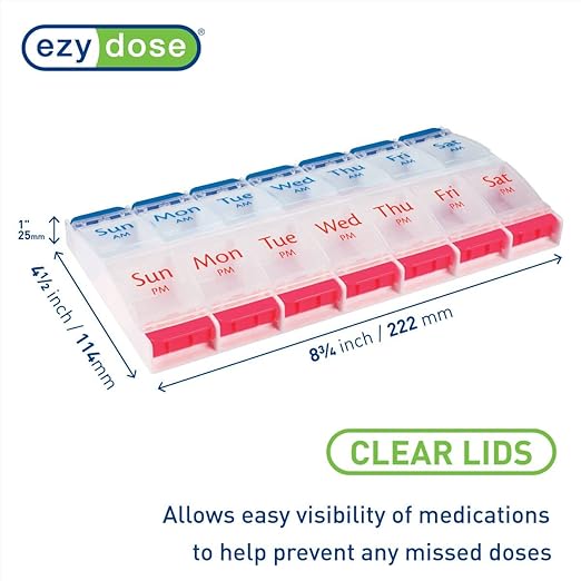EZY DOSE Push Button (7-Day) Pill Case, Medicine Planner, Daily Vitamin Organizer, 2 Times a Day AM/PM, Large Compartments, Arthritis Friendly, Easy to Use, Clear Lids, Red/Blue, BPA Free