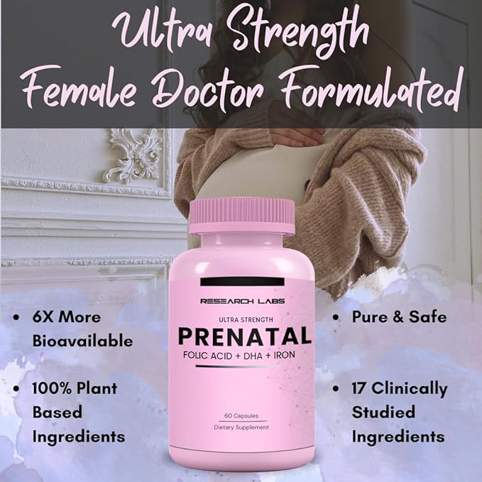 Research Labs Prenatal Vitamins for Women: 6X More Bioavailable Methylated Folate Folic Acid MTHF 5 | Supports Brain Development, Healthy Growth