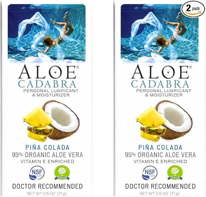 Aloe Cadabra Flavored Personal Lubricant and Vaginal Moisturizer, Organic Edible Aloe Lube for Men, Women and Couples, Non-Staining, pH Balanced, Toy Compatible (Pina Colada, 2.5 Ounces, 2 Pack)