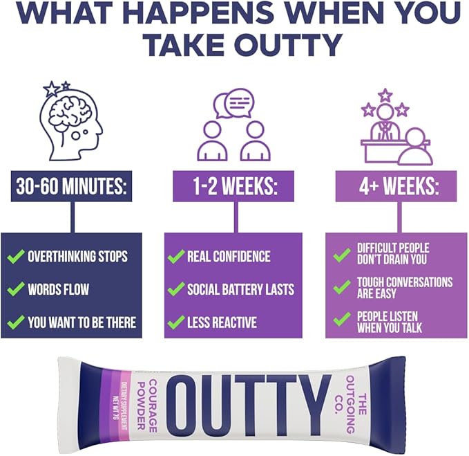 OUTTY Courage Powder Social Energy & Mood Support Drink Mix With Taurine, L-Theanine & Oroxylin A Stress Relief, Mental Clarity & Alcohol Alternative Acai Mixed Berry (15 Stick Packs)