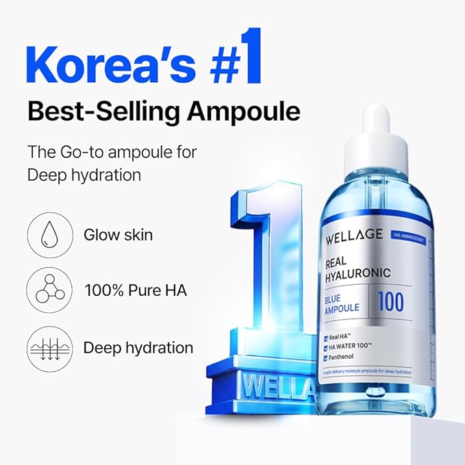 WELLAGE Real Hyaluronic Blue Ampoule 100, Korean Skincare, Fragrance Free Hyaluronic Acid Serum with Panthenol, Wild yam, Centella, Deep Hydration, Firming, Plumping, Non-Sticky, 3.38+2.54 Fl Oz
