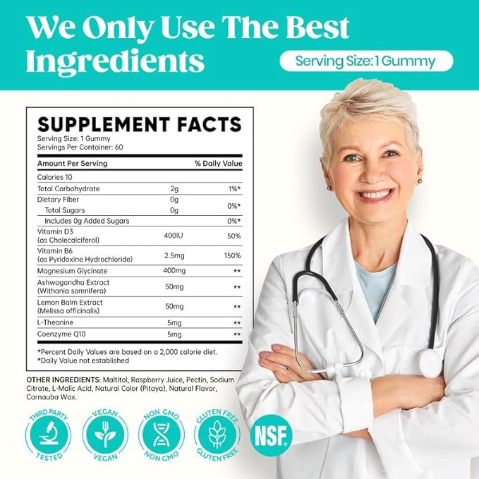60 Day Supply Magnesium Glycinate 400mg Gummies with Ashwagandha, L-Theanine, CoQ10, Vitamin D3 & B6, Sugar Free Magnesium Gummies for Adults & Kids, Stress Relief, Sleep & Calm, Vegan, Gluten Free