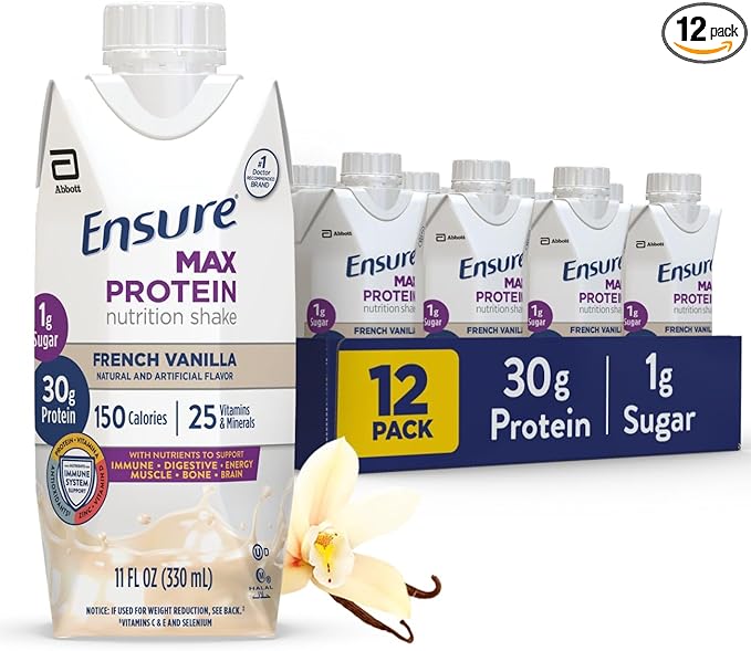 Ensure Max Protein Shake | French Vanilla | Ready to Drink | 30g Protein for Muscle Health | 1g Sugar, 4g Fiber | 11 fl oz, 12 Pack