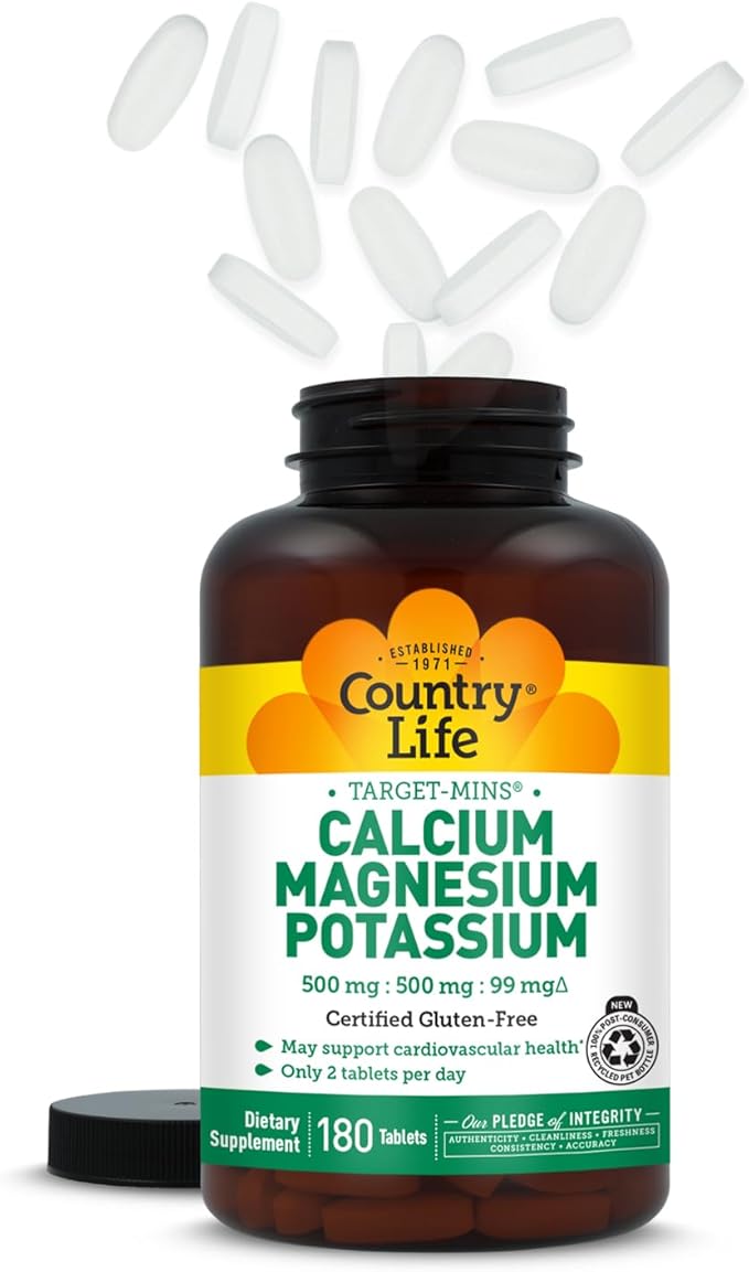 Country Life Target Mins - Calcium Magnesium Potassium Bone & Heart Health Supplement, 1000mg Calcium, 500mg Magnesium, Supports Calcium Utilization, 180 Tablets – Certified Gluten Free & Vegan