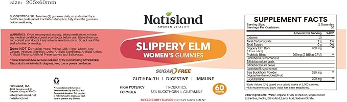 Slippery Elm for Women Gummies, Organic Slippery Elm Bark Extract with Probiotics, Sea Buckthorn, L-Glutamine for Gut & Digestive Health, Throat & Respiratory Support, Sugar Free, Vegan, 60 Gummies