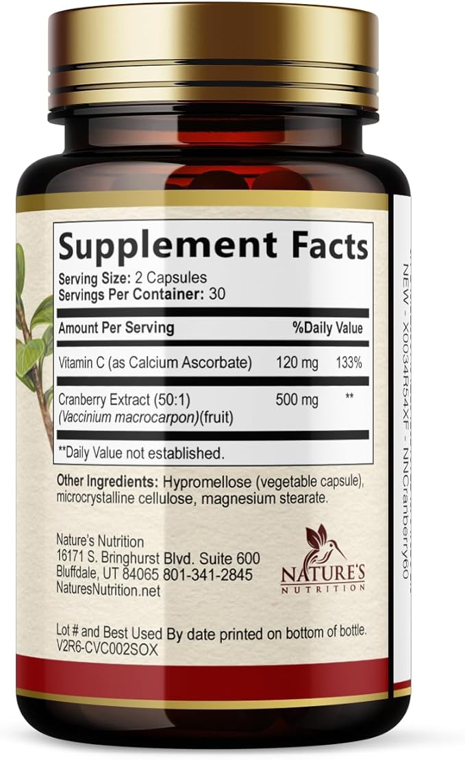 Cranberry Extract Pills Supplement - 500mg Per Serving Cranberry Extract with Vitamin C - Urinary Tract Health Support, Sugar Free Formula, Fruit Powder Extract - Bottled in USA - 60 Capsules