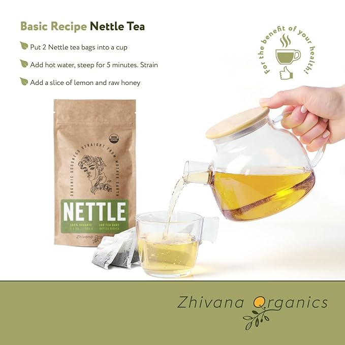 Nettle Tea Organic (100 Tea Bags) - Stinging Nettle Leaf TeaBags (Urtica Dioica) - Te de Ortiga Verde Organica - Support Digestion, Fluid Balance, Kidney, Skin, Hair