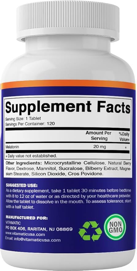 Vitamatic Melatonin 20mg for Sleep Support | Vegetarian, Non-GMO, Gluten Free | HIGH Potency 20 MG | Natural Berry Flavor 120 Fast Dissolve Tablets - 2 Pack - 240 Count