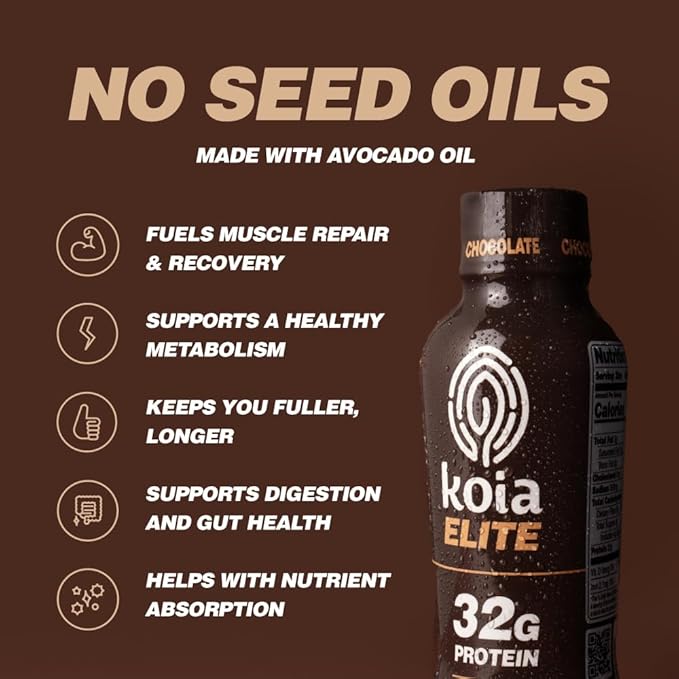 Koia Elite Plant Based Protein Shake, Chocolate, 32g Protein, 4g Sugar, 6g Prebiotic Fiber, Pre & Post Workout Nutritional Drink, No Seed Oils, Dairy-Free, Gluten-Free, Non-GMO, 12 Fl Oz (Pack of 12)