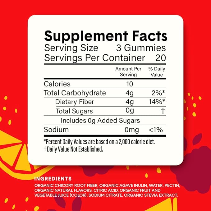 Bellway Super Fiber Gummies for Adults - Sugar Free Organic Fiber Supplement Gummies with 4g of Fiber per Serving - Prebiotic Chicory Root Fiber for Digestive Gut Health, Raspberry Lemon, 60 Count