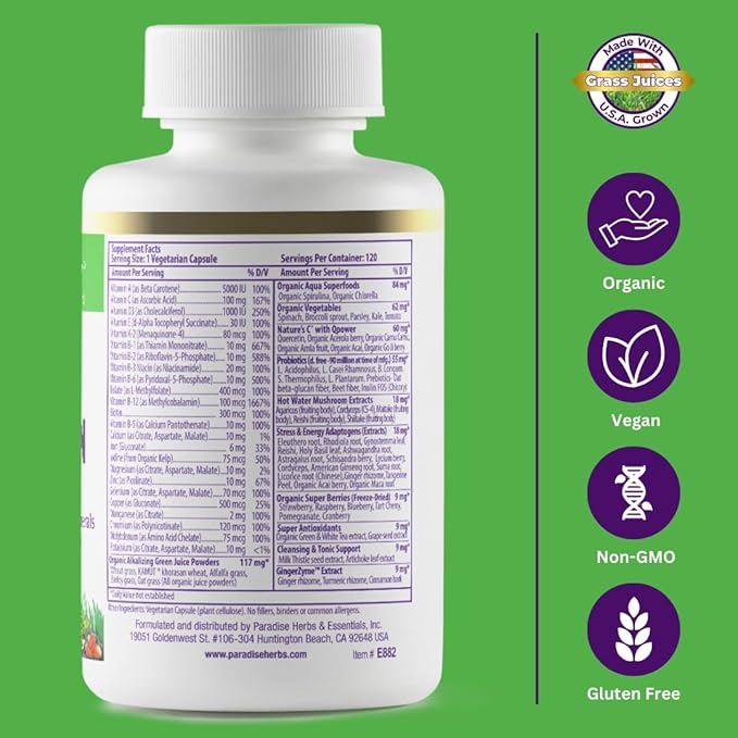 Paradise Herbs Earth's Blend Once Daily Multivitamin with Iron, 48 Organic Superfoods, Probiotics, Antioxidants, Vitamins A, B12, C, D, K2, 120 Capsules