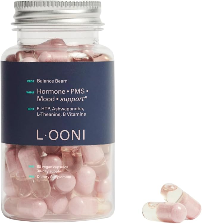 LOONI PMS Relief Balance Beam Supplement for Women – Hormone Balance for Menopause, B12, Omega-6, Zinc & Nootropics – Supports Mood Swings, Cramps, Cravings – 60 Vegan Capsules