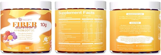 Migcopat 10G Fiber Gummies for Adults - Support Digestive Health - Fiber Supplement with 30 Billion CFU Probiotics Blend, ACV, Vitamin C, Inulin - No Sugar Added - Fruit Flavored - 180 Count