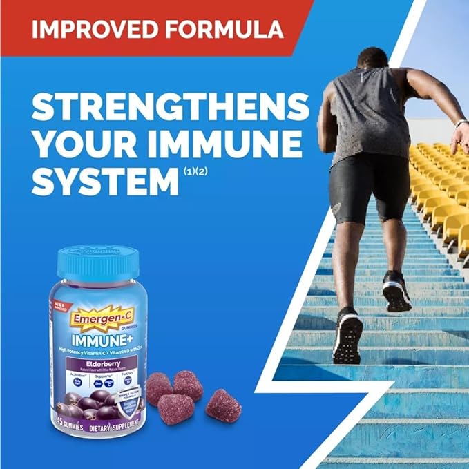 Emergen-C Immune+ Elderberry Gummies, 750 mg Vitamin C with Vitamin D, Zinc and Electrolytes, Immune Support Dietary Supplement, Caffeine Free, Gluten Free, Elderberry Flavor - 36 Count