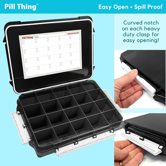 20 Compartment UV Protected Large Black Pill Case with Airtight Seal, Spill Proof, Silicone Gasket Waterproof Med Box with Medication Map (Black, 2 Pack)