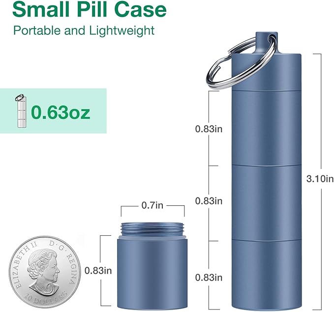 Opret Keychain Pill Holder, 3 Compartments Metal Small Pill Case, Waterproof Portable Travel Pill Box, Pill Container for Purse (Blue)