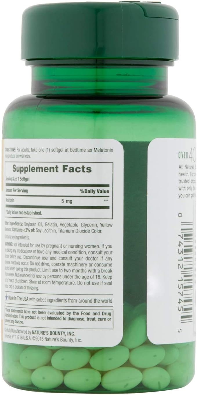 Melatonin by Nature's Bounty, 100% Drug Free Sleep Aid, Dietary Supplement, Promotes Relaxation and Sleep Health, 5mg, 90 Rapid Release Softgels
