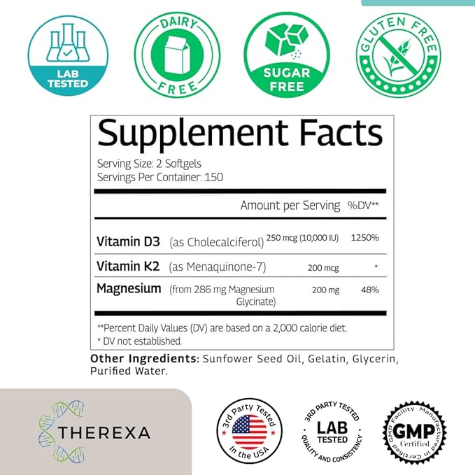 Vitamin D3 K2 Magnesium Supplement - Extra Strength with 10000 IU Vitamin D3, Magnesium Glycinate and 200 mcg K2 MK-7 Vitamin Supplements Complex, for Women & Men - 300 Softgels