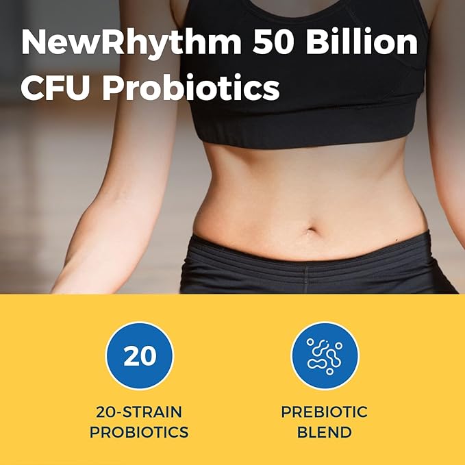 NewRhythm Probiotics 50 Billion CFU 20 Strains, 120 Veggie Capsules, Targeted Release Technology, Stomach Acid Resistant, No Need for Refrigeration, Non-GMO, No Gluten