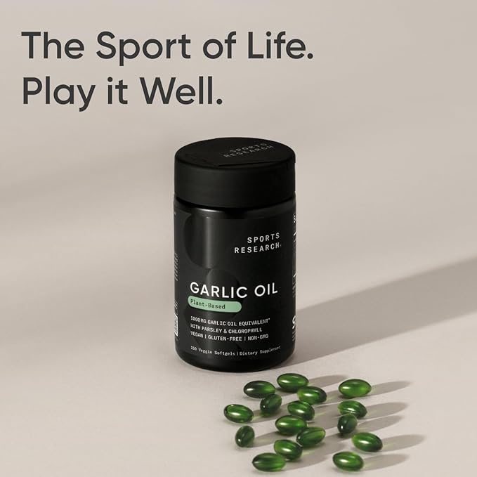Sports Research® Odorless Garlic Oil Pills (1000mg) with Parsley & Chlorophyll - Vegan Certified · Non-GMO · Gluten Free - 150 Plantgel Capsules