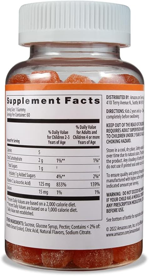 Amazon Basics Kids' Vitamin C 125mg Gummies, Orange Flavor, Soft Chew, 60 Count, Immune Health, Vegetarian, 2 Month Supply (Previously Solimo)