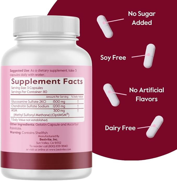 BESTVITE Glucosamine Chondroitin MSM 500/400/100 per Capsule (240 Capsules) with Patented OptiMSM - Maximum Strength Formula for Joint Support - No Stearates - Gluten Free - Non GMO