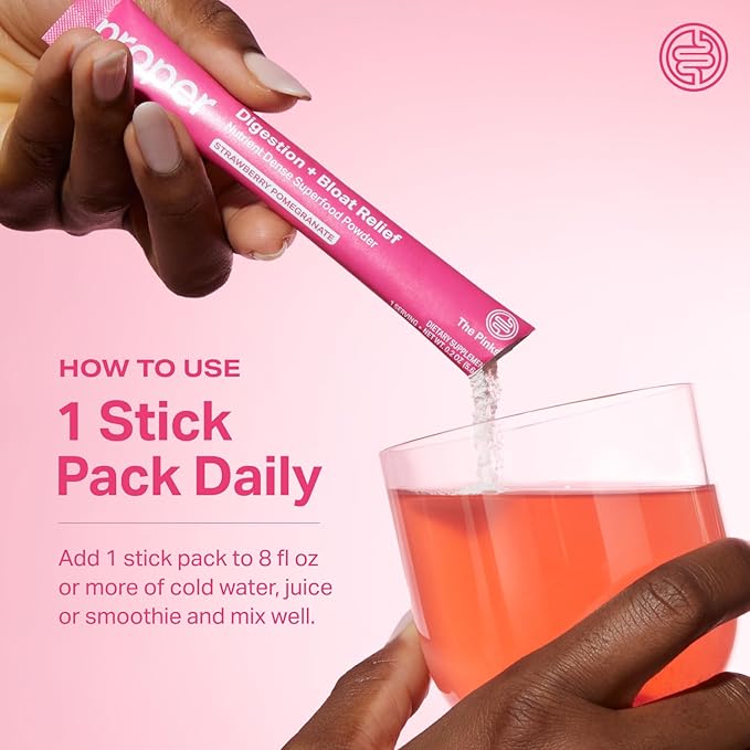 Proper, The Pinks Digestion and Bloat Relief. Drink Mix with Gut Health Probiotics, Prebiotics, Beet Root & Enzymes for Digestive Support. Bloating and Microbiome Supplement for Women and Men