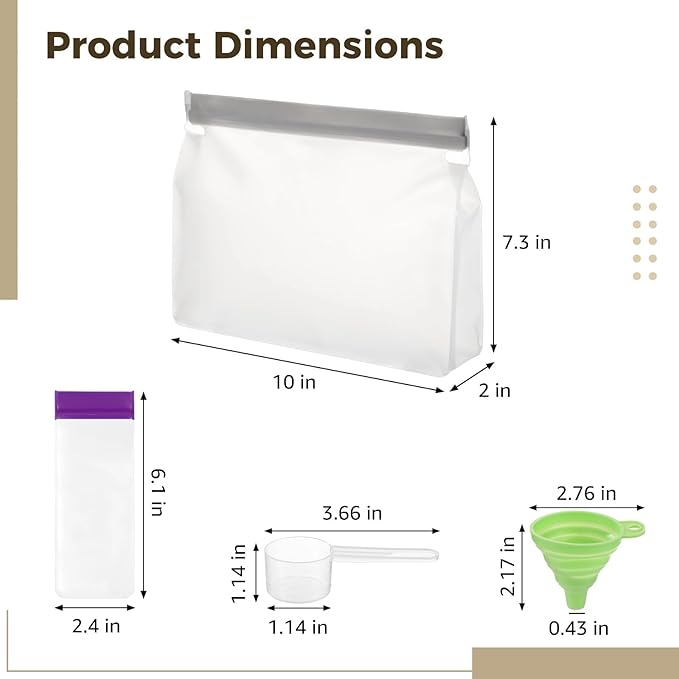 26 Pcs Protein Powder Travel Container Set, Reusable Single-Dose Bags, Portable Supplement Storage Containers, Includes Funnel & Spoon, 2.4 x 6.1 in & 10 x 7.3 x 2 in