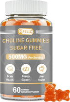 Choline Supplement Gummies Sugar Free, 500mg Choline Bitartrate Per Serving, Brain Health, Liver Support, Focus & Energy, 60 Gummies