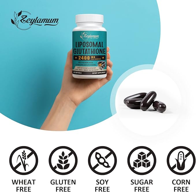 2400 MG Liposomal Glutathione Softgels, Max Absorption, Active Form L-Glutathione Reduced (GSH), with Hyaluronic Acid, Resveratrol, Master Antioxidants for Brain, Immune System, 120 Softgels