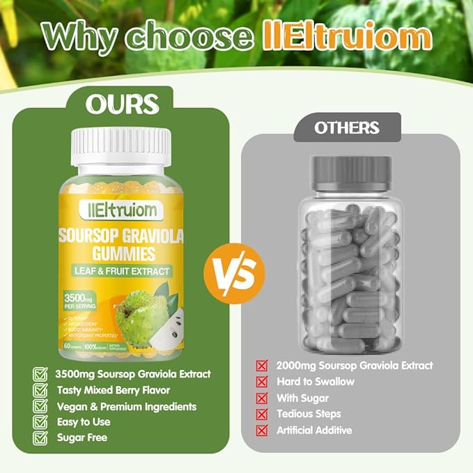 Soursop Gummies for Adults, Organic Soursop Leaves and Fruit Extract with Vitamin C, Zinc, 3500mg Soursop Graviola for Immunity, Digestive Aid & Antioxidant Boost, Sugar/Gluten Free(30 Servings)