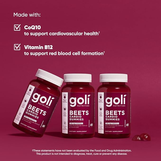 Goli Beets Cardio Gummies with CoQ10 and Vitamin B12 - Beetroot Extract - Cardiovascular Wellness - Vegan, Non-GMO, Gluten-Free