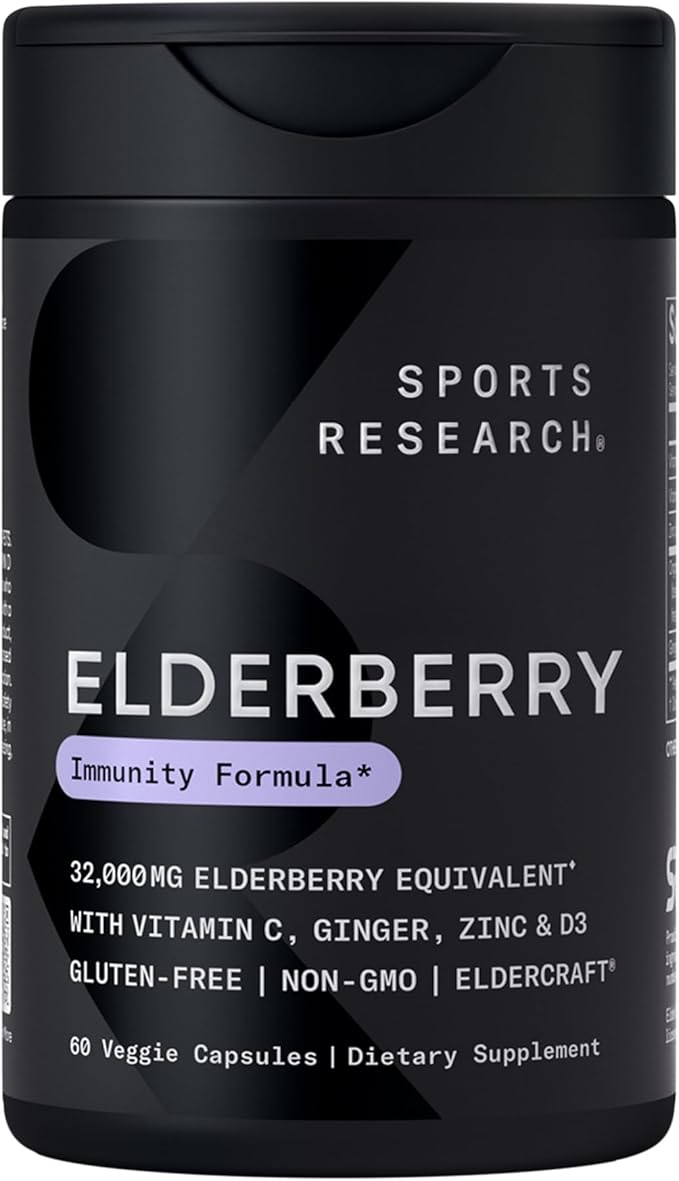 Sports Research® Elderberry Immune Support with Zinc, Ginger, Vitamin C & D3 - Vegan Friendly · Non-GMO · Gluten Free - 60 Veggie Capsules