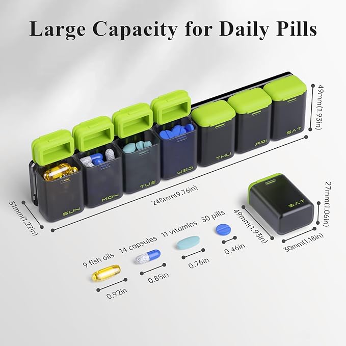 KOVIUU Weekly Pill Organizer Magnetic, Removable Pill Box 7 Day 1 Time a Day, Large Pill Case Travel, Week Once Daily Medication Dispenser, Medicine Container Holder for Supplement Vitamin, Green