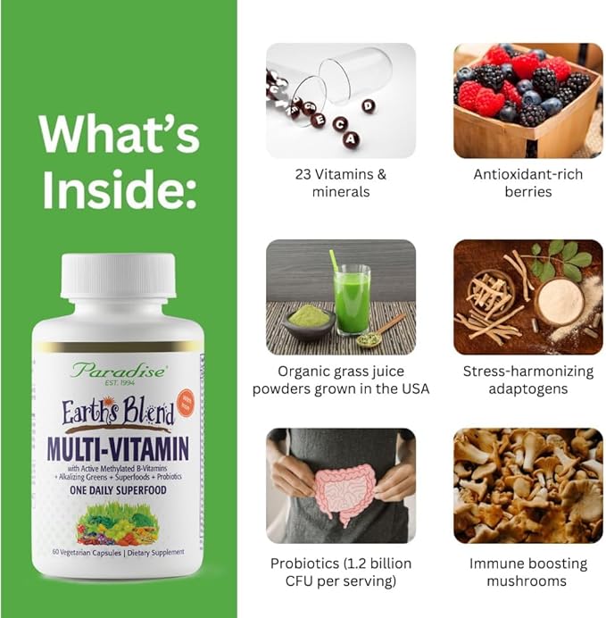 Paradise Herbs Earth's Blend Once Daily Multivitamin with Iron, 48 Organic Superfoods, Probiotics, Antioxidants, Vitamins A, B12, C, D, K2, 60 Capsules