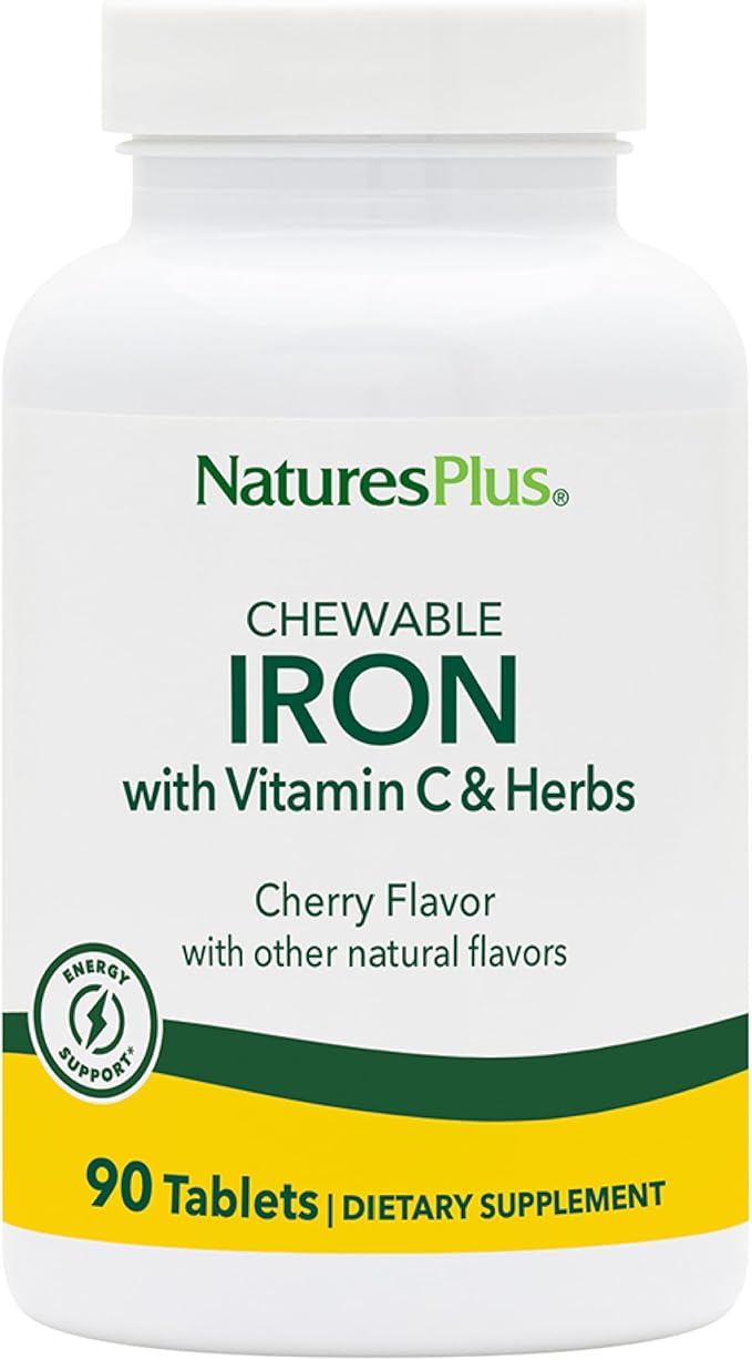 NaturesPlus Chewable Iron, Cherry - 90 Tablets - Supports Natural Energy Production - High-Potency Supplement with Vitamin C & Herbs - 90 Servings