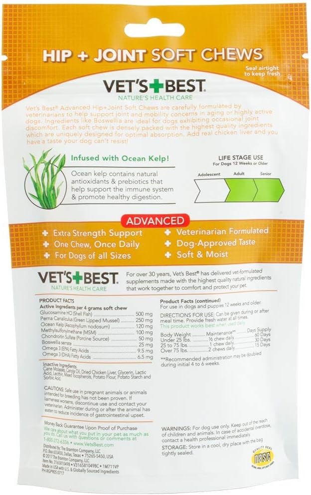 Vet's Best Advanced Hip & Joint Soft Chew Dog Supplements - Formulated with Glucosamine and Chondroitin to Support Dog Joint and Cartilage Health -30 Day Supply