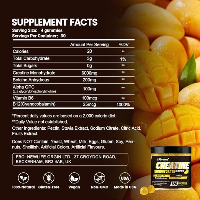 Creatine Monohydrate Gummies 6g for Men & Women, Potent Creatine Supplement, Chewables Creatine for Energy Boost, Increase Strength and Build Muscle, Gluten-Free, Sugar Free,120 Count