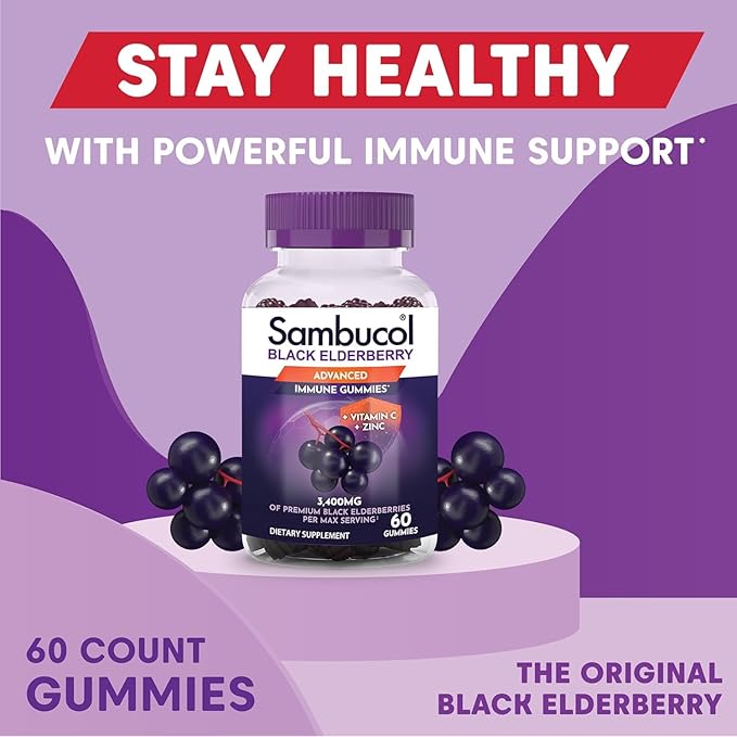 Sambucol Elderberry Gummies - Immune Support Supplement for Adults with Vitamin C & Zinc, Sambucus Elderberry with High Antioxidants, Gluten Free, Vegan - 60 Count