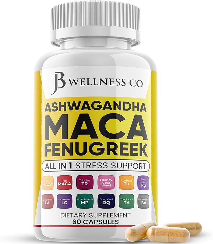 JB Wellness Co Ashwagandha Maca Root, Fenugreek Supplement with Tongkat Ali Ginseng - Assists with Mood & Thyroid Health - 60 Count