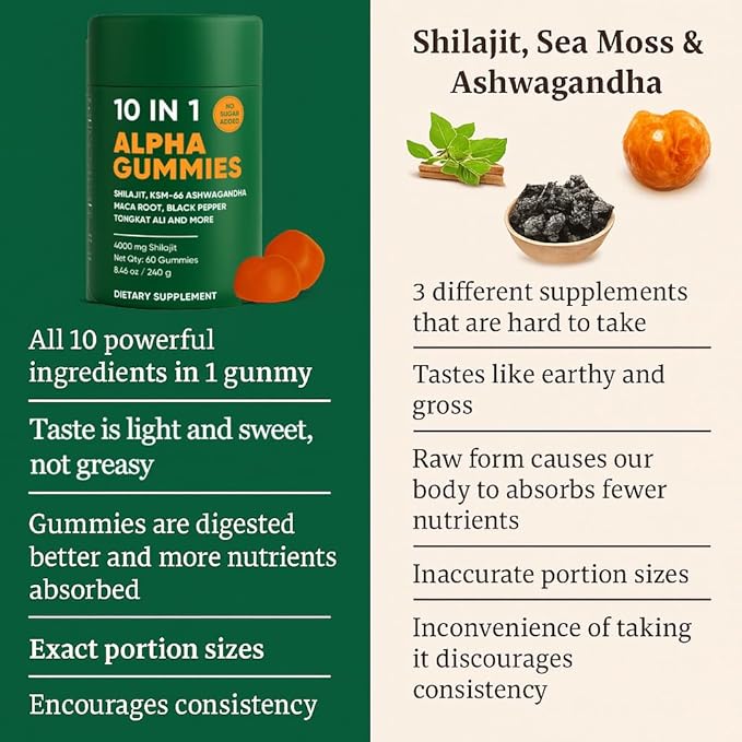 10-in-1 True Alpha Shilajit Gummies, 4000mg Himalayan Alpha Gummies for Men, Energy Boost, Immune Support, with Ashwagandha, Maca Root, Tongkat Ali, Fulvic Acid, 85+Trace Mineral, No Added Sugar, 60ct