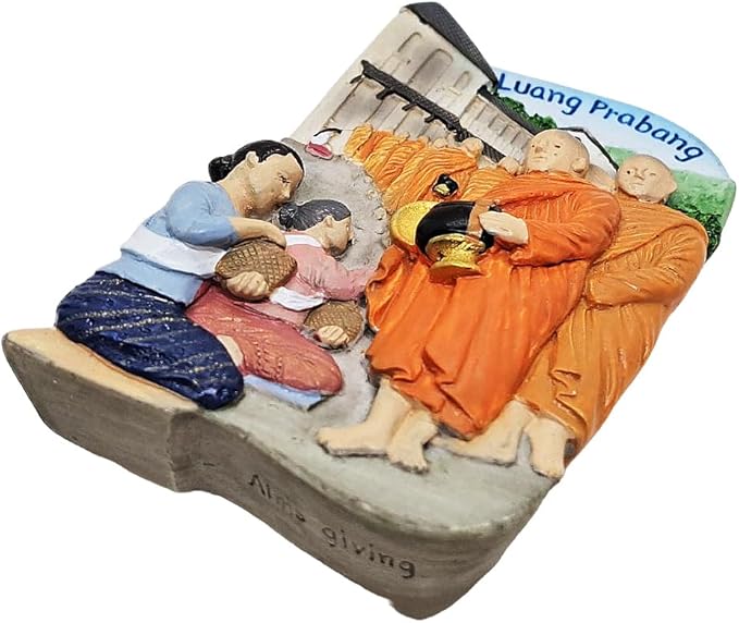 WitnyStore Tiny Morning Alms Giving Offer Sticky Rice and Food to Buddhist Monks in Luang Prabang, Laos Southeast Asia Tourist Attractions Resin Refrigerator Magnet Traveler Souvenir 3D Fridge Magnets