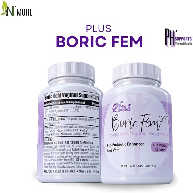 N'More Boric Acid Vaginal Suppositories Plus Aloe Vera & FOS Probiotic Enhancer 800mg/, 30 Count All Natural Made in USA