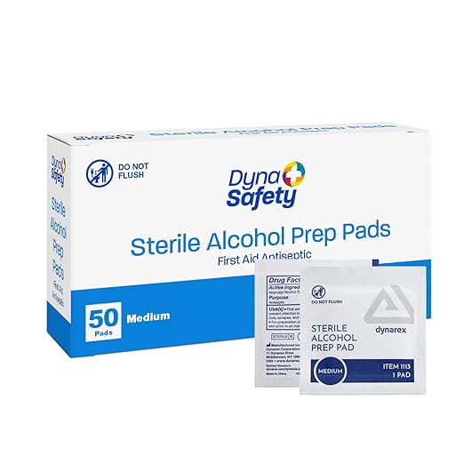 Dynarex DynaSafety Sterile Alcohol Prep Pads - Medium - 70% Isopropyl Alcohol, Individually Wrapped, Soft Cleaning Wipes - Box of 50
