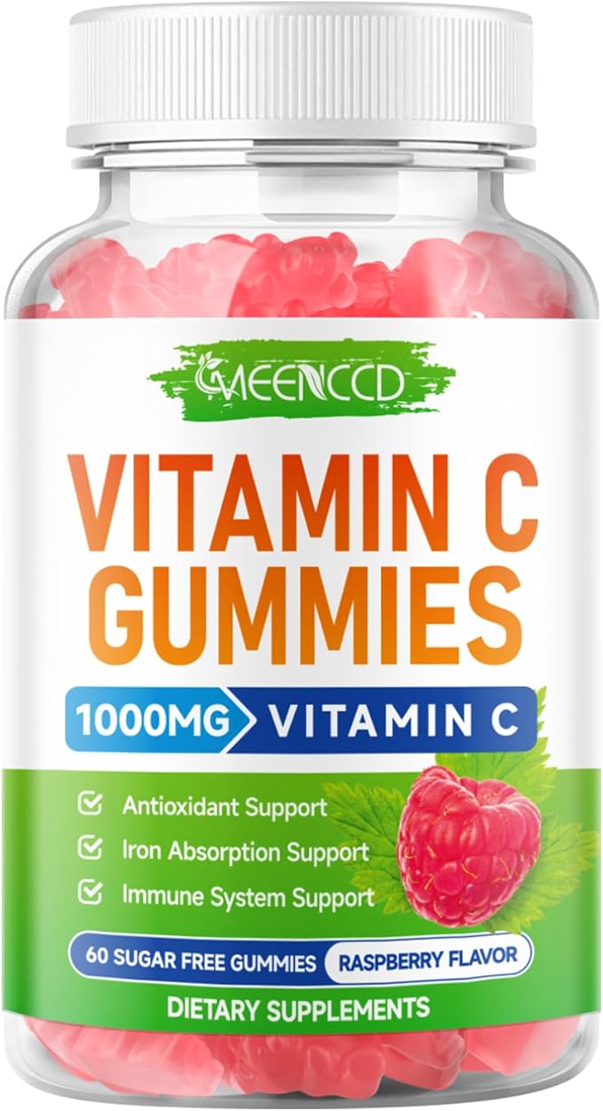 MEENCCD Organic Vitamin C Gummies for Adults, Chewable Vitamin C Gummies with Zinc for Antioxidant Support, Vegan, Non-GMO, Sugar-Free, Raspberry Flavor, 60 Count