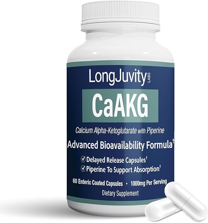 LongJuvity Calcium Alpha-Ketoglutarate Time Release AKG Supplement (1,000mg Per Serving) - Gut Heath, Bone Health, Anti Aging & Longevity - Independently Lab Tested (60 Enteric Coated Capsules)