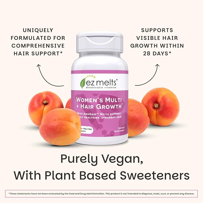 EZ Melts Women's Multi + Hair Growth - Daily Multivitamin for Women - Supports Healthy Energy Levels & Reduced Hair Shedding - Non-GMO & Vegan - Peach - 60 Dissolvable Tablets (30 Servings)