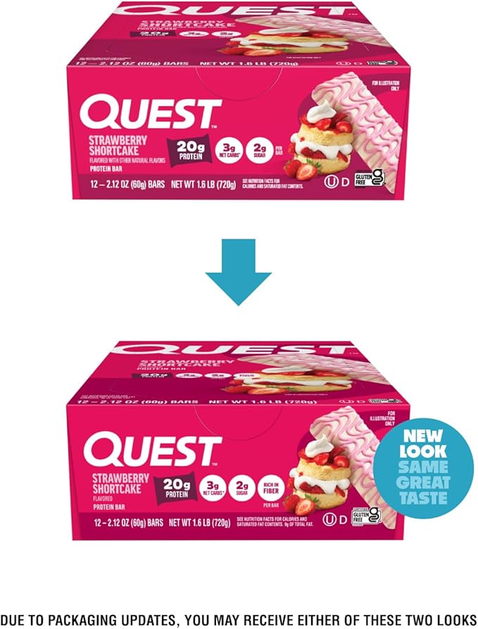 Quest Nutrition Protein Bars, Strawberry Shortcake, 20g Protein, 2g Sugar, 3g Net Carbs, 10g Fiber, Gluten Free, 12 Count