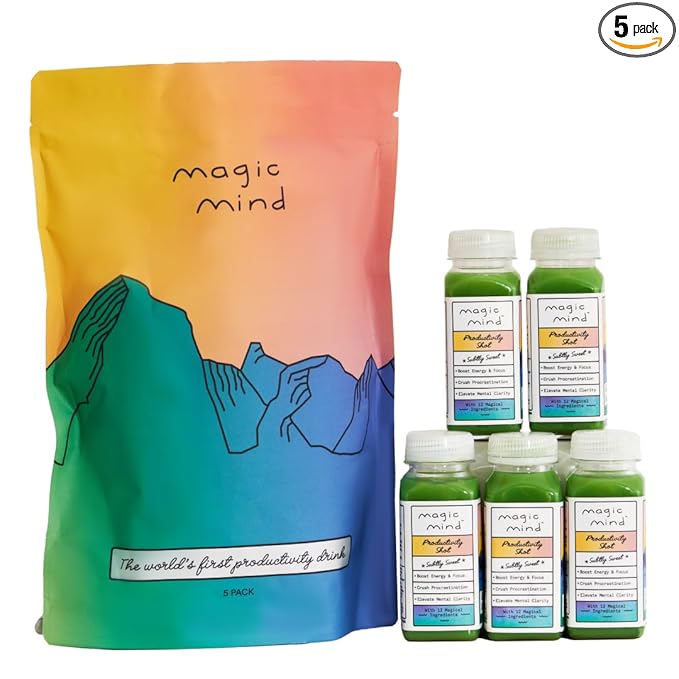 Magic Mind Focus Energy Drink Shots - No Jitters, Stress Relieving, Ashwagandha, Functional Mushrooms, Matcha Green Tea, Vitamin B12, Vitamin C - 2 FL Oz (5 Pack)