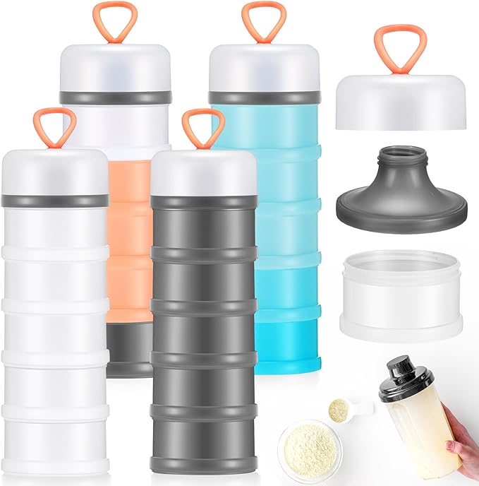 Baderke 4 Pcs Protein Powder Container 5 Layers Stackable Leakproof Container Powder Dispenser with Funnels Stand Keychain Flour Canister for Workout Fitness(Black, White, Blue, Pink)
